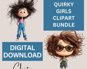 Niedliches schrulliges Mädchen, Clipart, lustige Illustrationen, (digitaler Download)