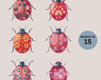 Floral Marienkäfer Clipart Bundle, 15 Aquarell Lovebug Designs, Marienkäfer Sublimation, Junk Journal Art, Scrapbooking, transparente PNGs
