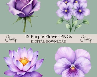 Purple Flowers Clipart Bundle, 12 Watercolor Floral Illustrations, Botanical Designs, Purple Lover, Journal Graphics, Transparent PNGs