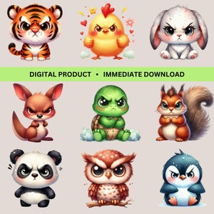 Puede incluir: Un conjunto de diez ilustraciones digitales que presentan adorables animales de dibujos animados con expresiones de enojo. Los animales incluyen un tigre, un pollito, un conejo, un canguro, una tortuga, una ardilla, un panda, un búho y un pingüino.