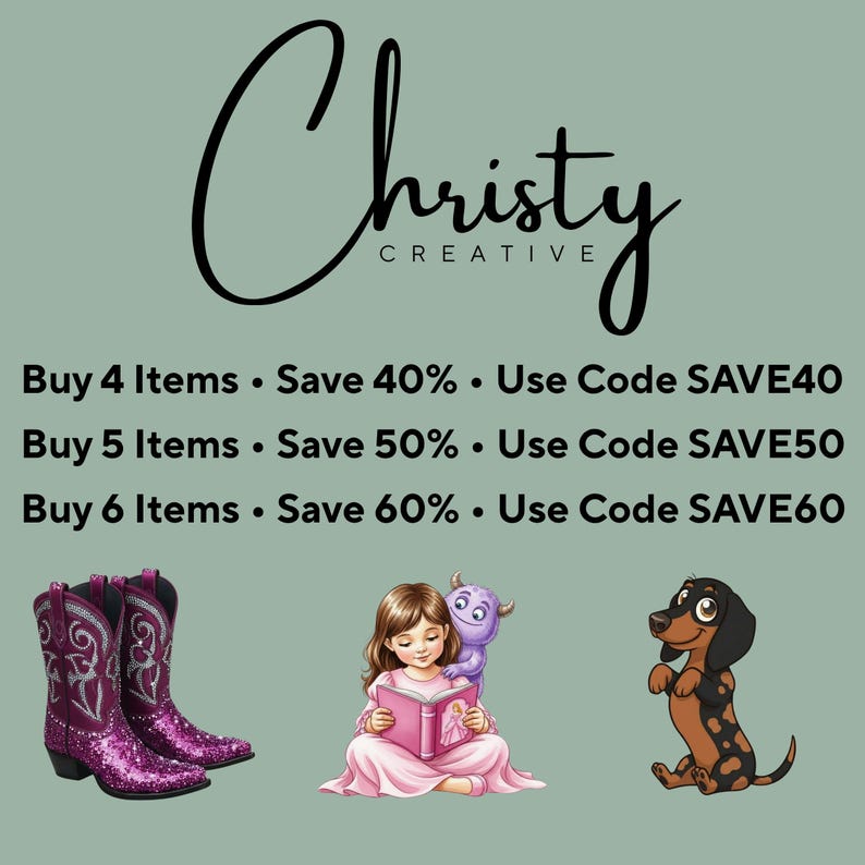 K&ouml;nnte beinhalten: Das Bild zeigt den Text "Christy Creative" in einer Schreibschrift. Es zeigt auch ein Paar glitzernde rosa Cowboy-Stiefel, ein M&auml;dchen, das ein Buch mit einem lila Wesen liest, und einen Dackel. Text bietet Rabatte mit Codes an.