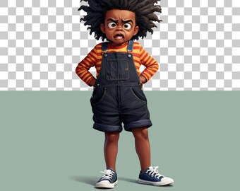 Skurriles Kinder-Afroamerikaner-Clipart-Bundle, 12 süße lustige Kindergrafiken, süße schwarze Kinder-Clipart, schrullige Kinderillustrationen, transparentes PNG
