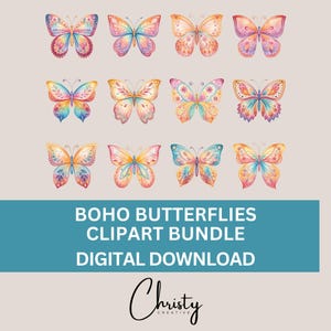 Boho Schmetterling Clipart Bundle, 12 Aquarell Schmetterling Designs, Kinderzimmer Wandkunst, Kartenkunst, Junk Journal Grafiken, transparente PNGs