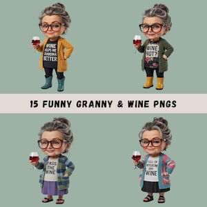 Wine Drinking Granny Clipart Bundle, 15 Funny Grandmas, 3D Style, Wine Sublimation, Nana Clip Art, Seniors Drinking, Transparent PNGs