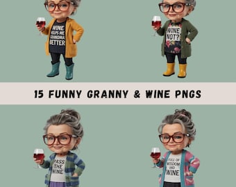 Zestaw clipartów z babcią pijącą wino, 15 zabawnych babć, styl 3D, sublimacja wina, clipart babci, pijący seniorzy, przezroczyste pliki PNG