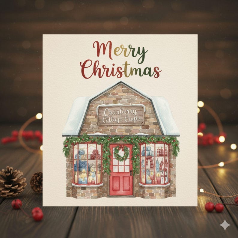 May include: A Christmas card featuring a watercolor illustration of a shop with the text "Merry Christmas." The shop has a brick facade, snow-covered roof, and a red door. The windows display gifts and decorations.