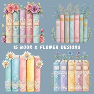Paquete de 15 imágenes prediseñadas de libros y flores con acuarela, gráficos florales para libros, imágenes prediseñadas para amantes de los libros, libros de biblioteca, PNG transparentes