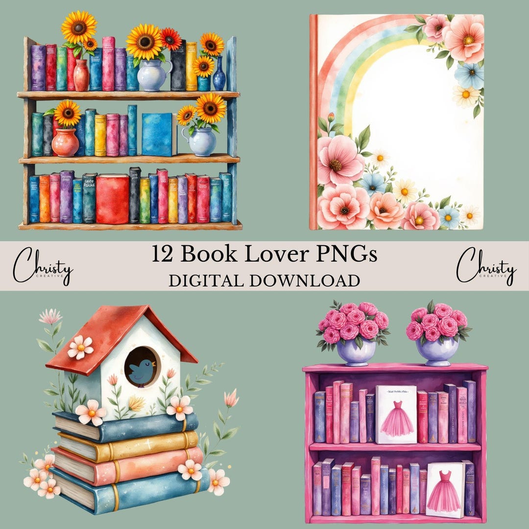 Book Lover Clipart Pngs, 12 Watercolor Book Designs, Book Illustrations ...