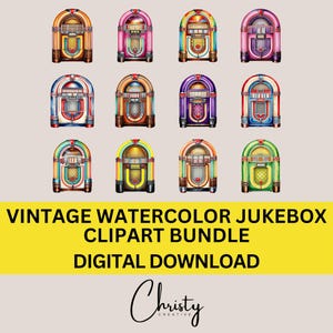 Bundle PNG Jukebox vintage, 12 graphiques aquarelle Jukebox, conception de mélomanes, clipart musique, jukebox PNG, Images rétro, PNG transparents