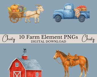 Farm Elements Clipart Bundle, 10 Watercolor Farm and Ranch Things, Card Making, Crafting Art, Horse, Barn, Tractor, Transparent PNGs