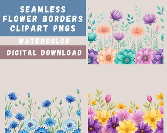 Seamless Flower Pattern PNGs, 10 Watercolor Wildflower Designs, Floral Frames, Flower Borders, Floral Sublimation, Transparent PNGs