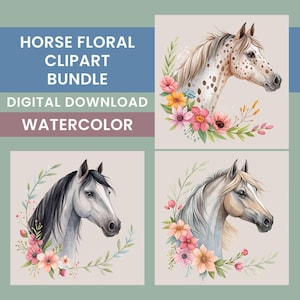 Horses Floral Clipart Bundle, 15 Watercolor Horses, Horse Lover Images, Horses Flowers PNGs, Horse Ranch Art, Horse PNGs, Transparent PNGs
