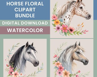 Horses Floral Clipart Bundle, 15 Watercolor Horses, Horse Lover Images, Horses Flowers PNGs, Horse Ranch Art, Horse PNGs, Transparent PNGs