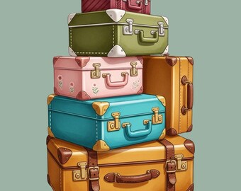 Antique Suitcases Clipart Bundle, 12 Watercolor Travel Graphics, Retro Suitcase Sublimation, Luggage Clip Art, Vacation, Transparent PNGs