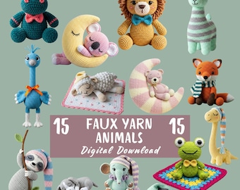 May include: A collection of 15 crocheted faux yarn animals, including a hippo, lion, llama, fox, sloth, and more. Each animal is intricately designed with soft colors and details. The image includes the text "15 Faux Yarn Animals Digital Download."