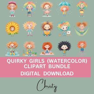 Quirky Girl Clipart Bundle, 15 Watercolor Girl Designs, Whimsical Girl Images, Scrapbook, Card and Junk Journal Art, Transparent PNG