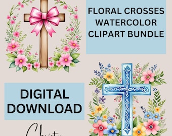 Christian Cross Clipart Bundle, 12 Watercolor Crosses, Religious Clipart, Flower Cross Graphics, Faith Illustrations, Transparent PNGs