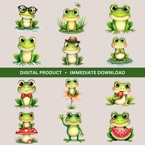 Watercolor Frog Clipart Bundle, Cute Frog Graphics (Digital Download)