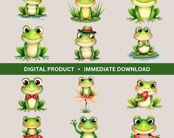 Paquete de imágenes prediseñadas de ranas en acuarela: adorables gráficos de ranas (descarga digital)