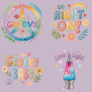 Groovy Clipart Bundle, 12 Groovy Quote Designs, Retro, Hippie 70s, Flower Power, Peace Sign, Groovy Retro Graphics, Transparent PNGs