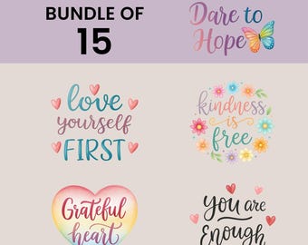 Positive Affirmationen PNG Bundle, 15 Aquarell Zitate, Sublimationspaket für psychische Gesundheit, Inspiration, Blumen, Regenbogen, transparente PNGs