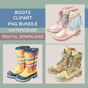Bundle de cliparts PNG bottes, 15 modèles de bottes aquarelles, bottes de cowboy, bottes de randonnée, bottes militaires, bottes de pompier, PNG transparents