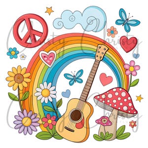 Sublimation PNG groovy, image rétro des années 70, guitare rétro groovy fleurs arc-en-ciel, conception de t-shirt, conception de tasse, impression à la demande, PNG transparent