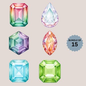 May include: A set of 15 watercolor illustrations of various gemstones. The gemstones are in different shapes and colors, including green, blue, purple, pink, and orange.