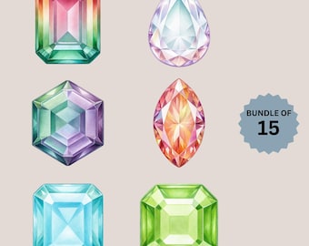 May include: A set of 15 watercolour illustrations of various gemstones. The gemstones are in different shapes and colours, including green, blue, purple, pink, and orange.
