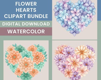Heart Flower Clipart Bundle, 15 Watercolor Heart Designs, Whimsical Floral Images, Junk Journal, Scrapbooking Art, Transparent PNGs