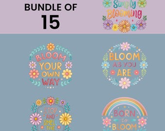 Flower Quotes Clipart Bundle, 15 Retro Inspirational Quote Designs, Floral Quotes, Flower Graphics, Scrapbook Junk Journal, Transparent PNGs
