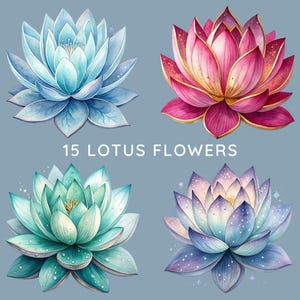 Lotus Flower Clipart PNG Bundle, 15 Colorful Lotus Designs, Flower Clip Art, Lotus Sublimation, Watercolor Lotus, Floral Transparent PNGs