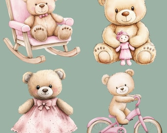 Clipart de acuarela de osito rosa, arte infantil (descarga digital)