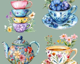 Paquete de imágenes prediseñadas de acuarela de tazas de té florales: Gráficos para fiestas de té (descarga digital)