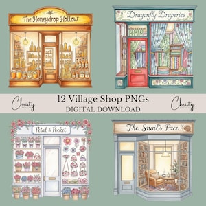 Village Shops Clipart Bundle, 12 Watercolor Buildings, Crafty Sublimation, Pastel Building Illustrations, Shop Border, Transparent PNGs