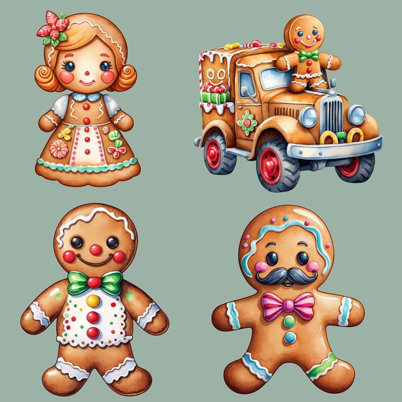 Gingerbread Clipart Bundle, 12 Watercolor Gingerbread People, Holiday ...