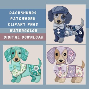 Cute Dachshund Clipart Bundle, Adorable Patchwork Weiner Dogs, Nursery Decor, Dog Lover Designs, Sausage Dog Images, Transparent PNGs
