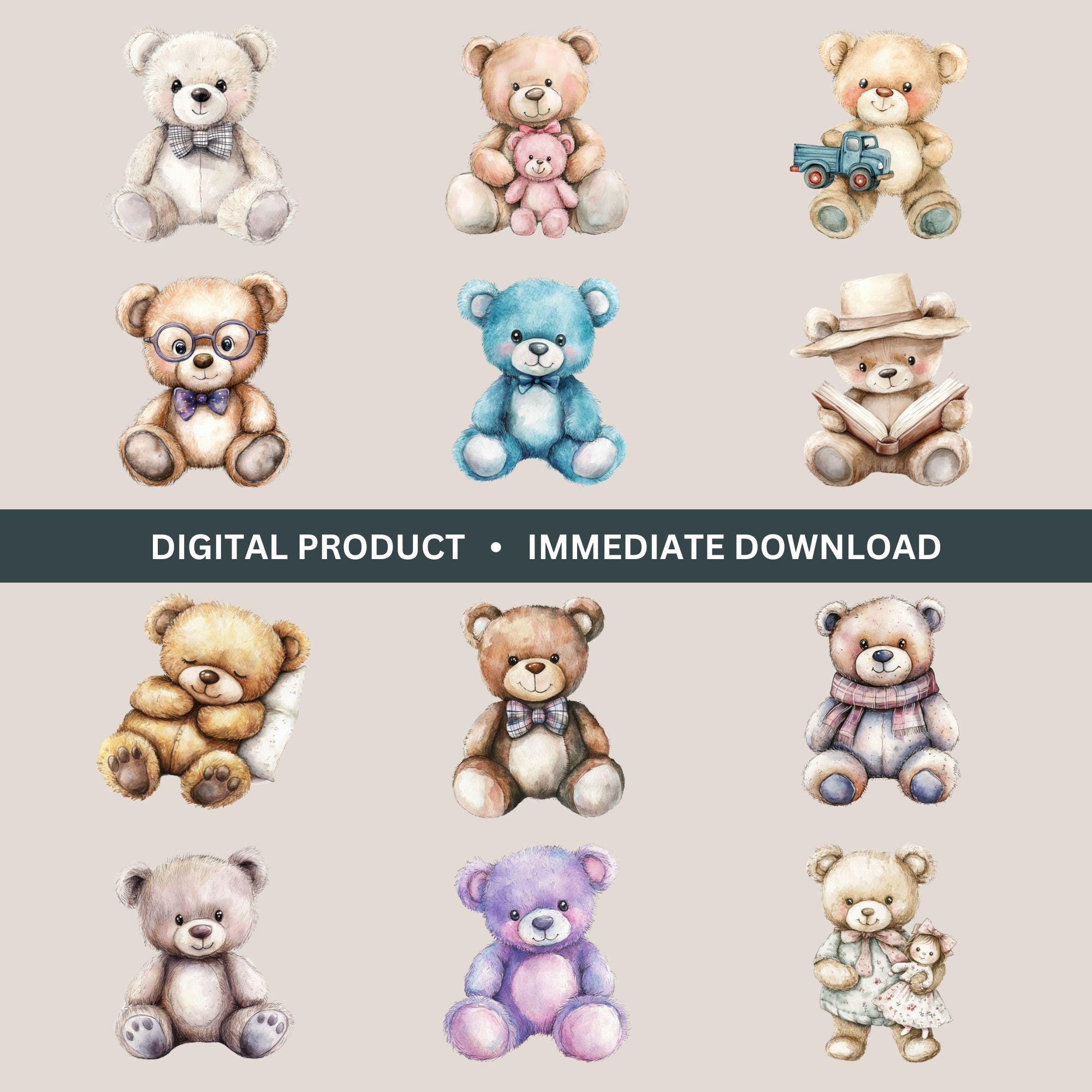 Watercolor Teddy Bear Bundle, 12 Cute Bear Clipart PNGs, Nursery