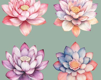 Pacchetto Clipart di Loto, 12 grafiche di Loto, ClipArt di Loto ad Acquerello, Sublimazione Floreale, Fiore di Loto in PNG, Clipart Floreale, PNG Trasparenti