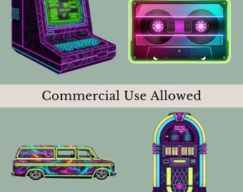 Neon Retro Clipart Bundle, 12 Vintage Neon Designs, Card Making, Crafting Art, Neon Sublimation, Colorful Retro Graphics, Transparent PNGs