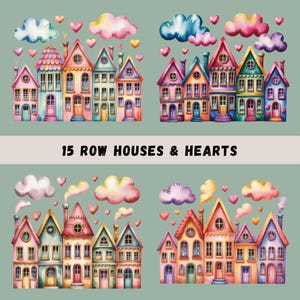Watercolor Houses PNG Clipart Bundle, 15 Row Houses & Hearts Borders, House Sublimation, Printable Wall Art, Nursery Decor, Transparent PNGs