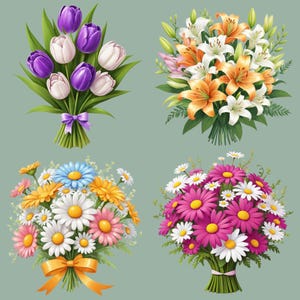 Blumen Clipart Bundle, 12 Frühlingsblumen-Designs, Blumensträuße Clip Art, Rosen, Narzissen, Gänseblümchen, Blumen Sublimation, transparente PNGs