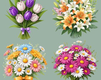Blumen Clipart Bundle, 12 Frühlingsblumen-Designs, Blumensträuße Clip Art, Rosen, Narzissen, Gänseblümchen, Blumen Sublimation, transparente PNGs