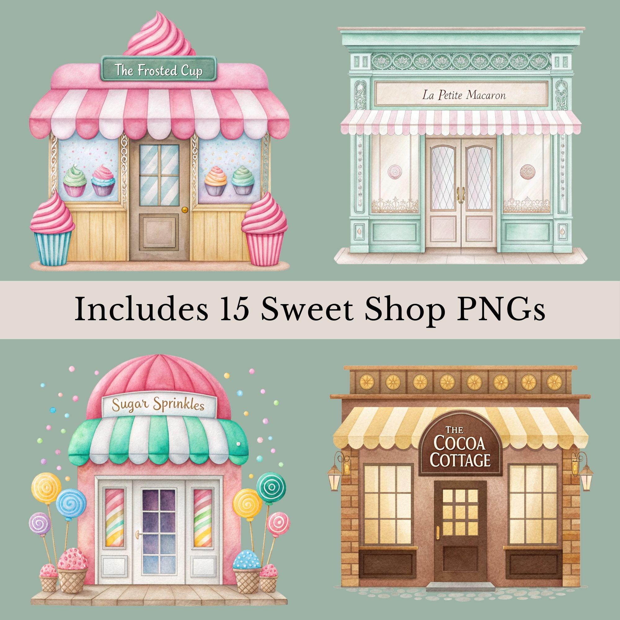 Village Shops Clipart, 15 Watercolor Sweet Treat Shops, Crafty ...