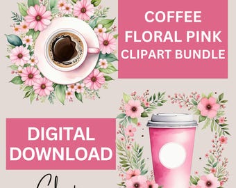 Clipartbundel roze koffie, 12 afbeeldingen van aquarel koffie, koffie-illustraties, koffie bloemenkunst, illustraties roze koffie, transparante png-bestanden