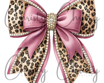 Pink Cheetah Pattern Bow, Watercolor Pink Bow, Coquette Bow, T-shirt Design, Mug Design, Print on Demand, Sublimation Bow, Transparent PNG