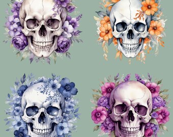 Paquete de sublimación de calaveras florales, 12 calaveras de flores en acuarela, diseños de camisetas, diseños PNG de calaveras, imágenes prediseñadas florales, PNG transparentes