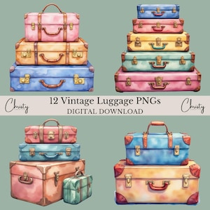 Antique Suitcases Clipart Bundle, 12 Watercolor Travel Graphics, Retro Suitcase Sublimation, Luggage Clip Art, Vacation, Transparent PNGs