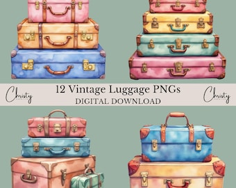 Antique Suitcases Clipart Bundle, 12 Watercolor Travel Graphics, Retro Suitcase Sublimation, Luggage Clip Art, Vacation, Transparent PNGs