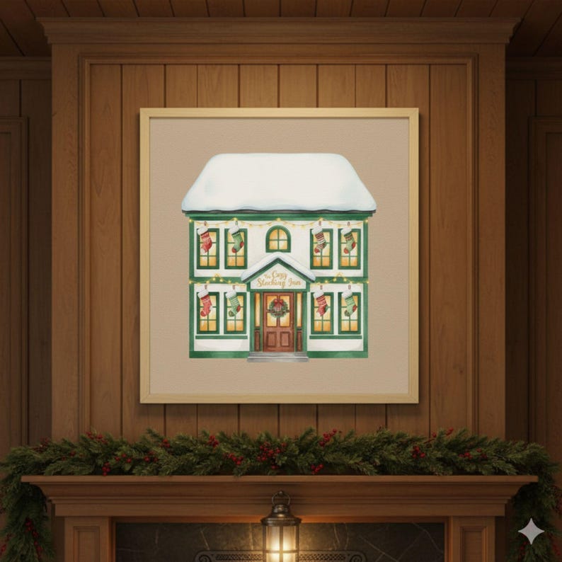K&ouml;nnte beinhalten: Ein gerahmter Druck eines Hauses zum Thema Weihnachten mit schneebedecktem Dach. Das Haus ist wei&szlig; mit gr&uuml;nen Zierleisten, dekoriert mit Str&uuml;mpfen und einem Kranz. Der Text "The Cozy Stocking Inn" befindet sich &uuml;ber der T&uuml;r. Der Druck wird &uuml;ber einem Kamin angezeigt.